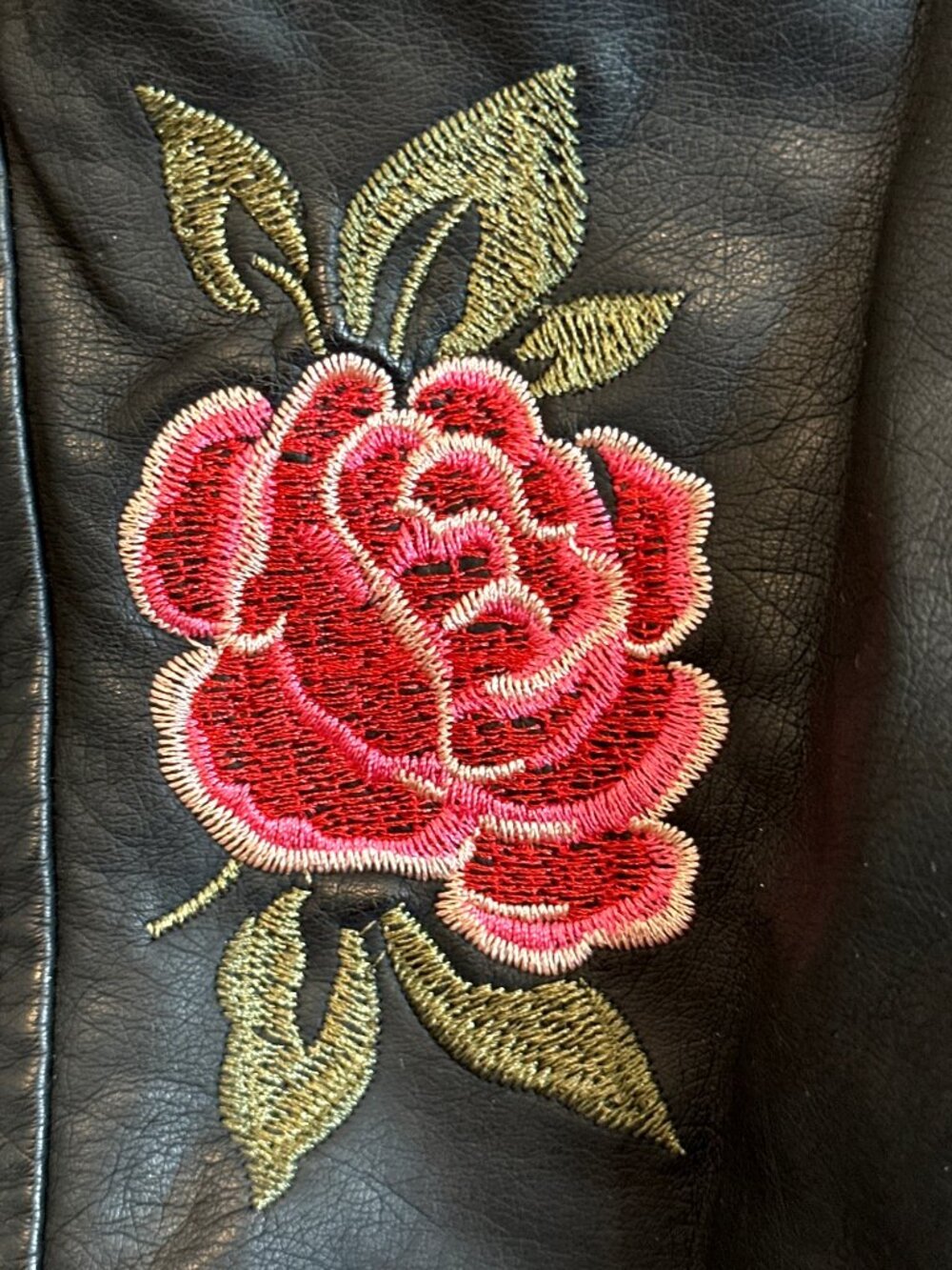 Hippie Laundry Large Black Faux Leather Moto Jacket Floral Embroidered Boho Edgy - Picture 9 of 15